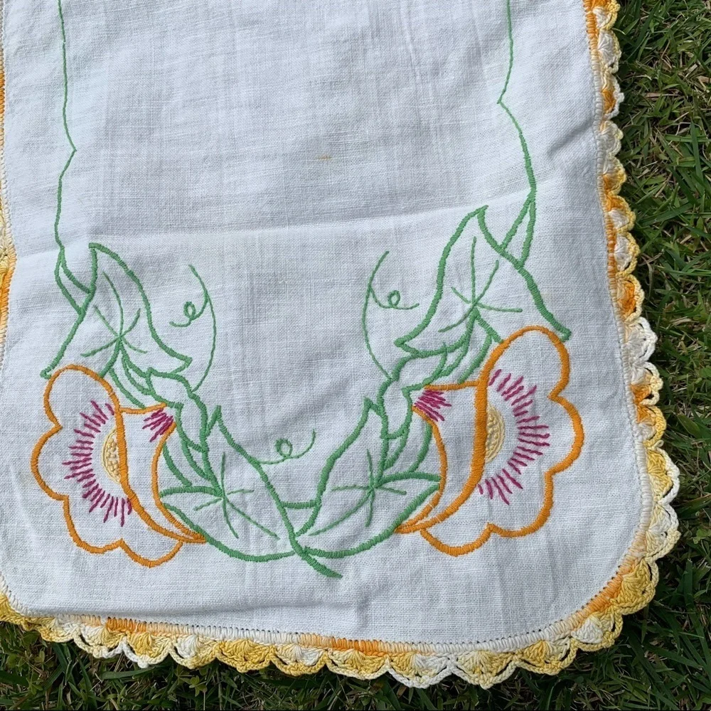 Embroidered Floral Table Runner - White and Yellow